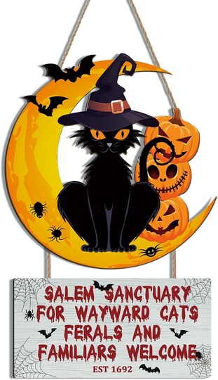 Greentek; Halloween Welcome Decor Pumpkins Black Cat Sign Bat Wooden Plaques Vintage Halloween Front Door Signs,Spiderweb Witch cat Wooden Hanger Halloween Party For Home, Outdoor Doors Black Cats Decor; Category:Halloween Wreaths & Garlands; Image:1